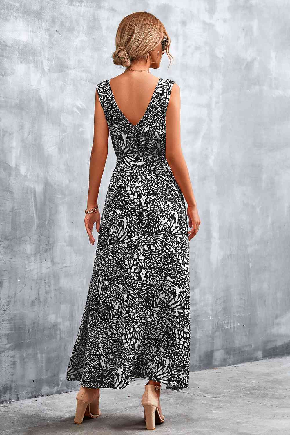 Printed V-Neck Tie Waist Maxi Dress Bazaarbey