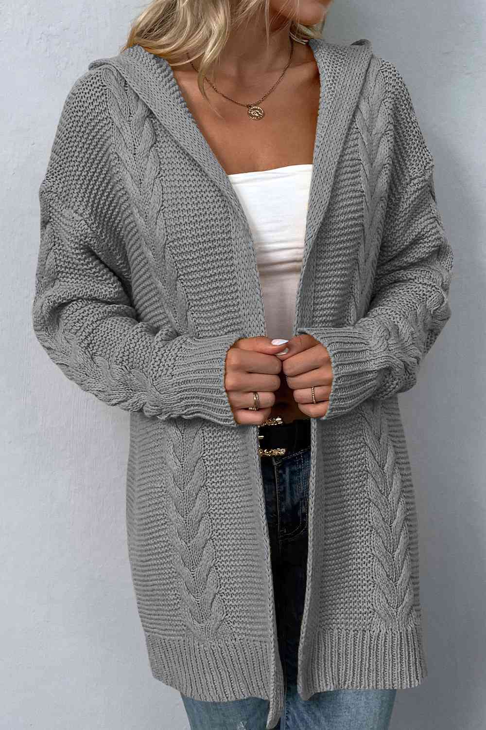 BazaarBey Cable-Knit Dropped Shoulder Hooded Cardigan Bazaarbey