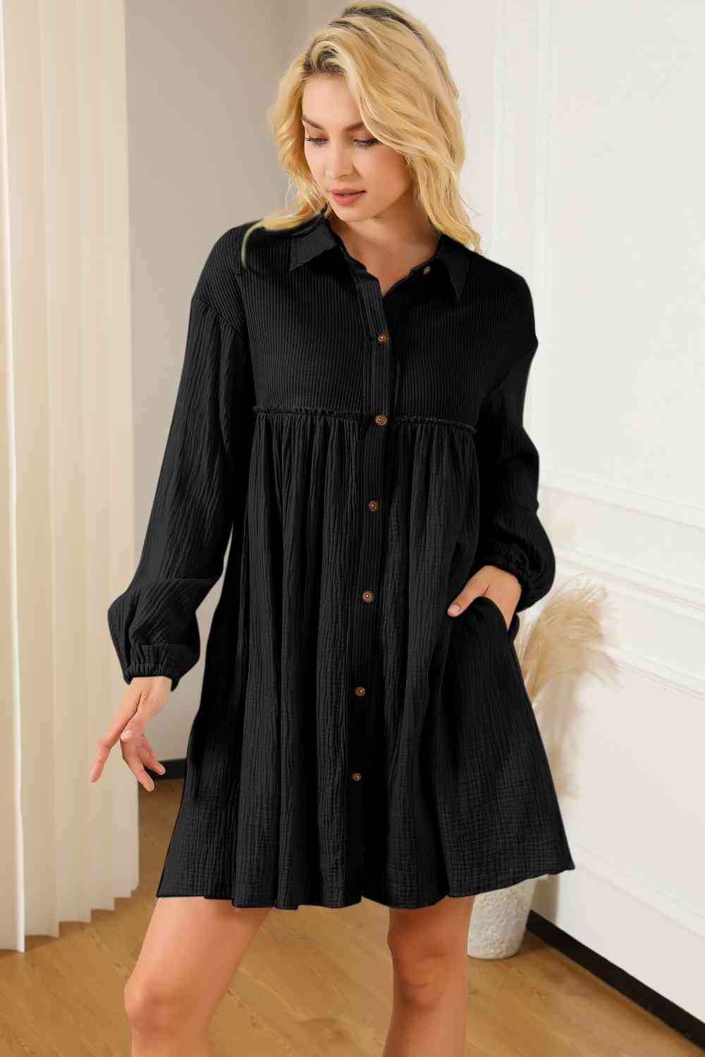 Buttoned Collared Neck Dropped Shoulder Mini Dress -BazaarBey - www.shopbazaarbey.com