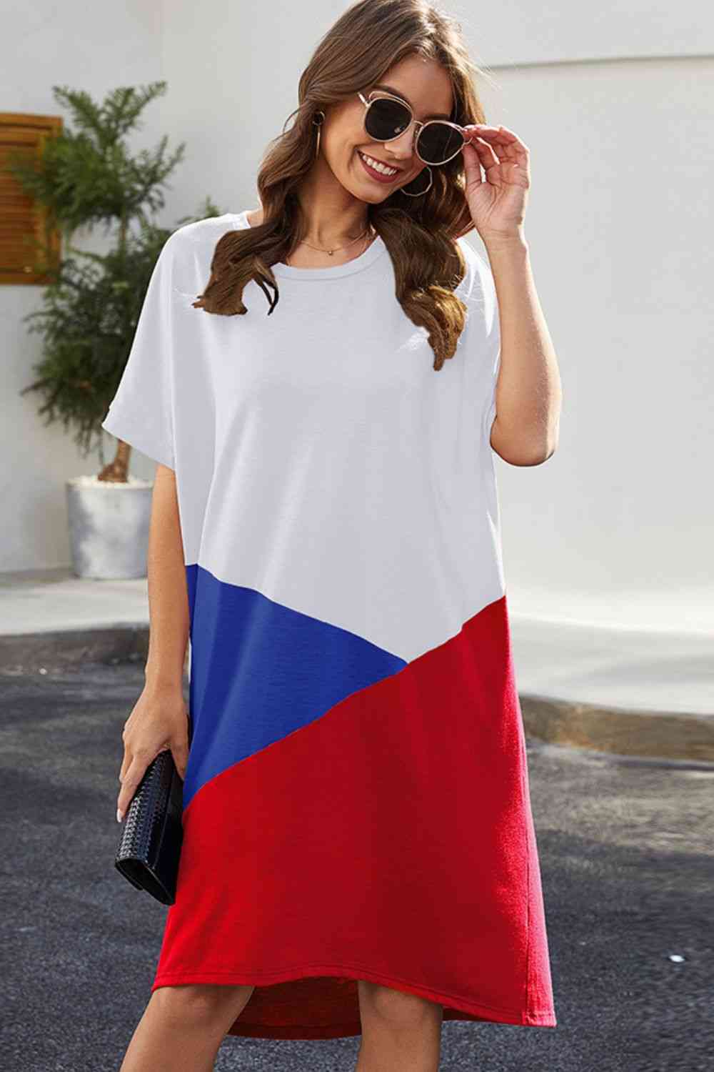 Color Block Round Neck Short Sleeve Dress -BazaarBey - www.shopbazaarbey.com