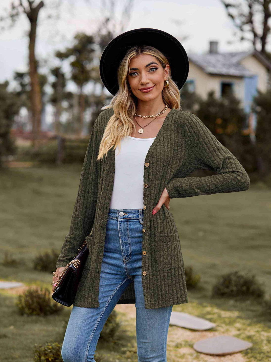 Ribbed Button-Up Cardigan with Pockets Trendsi