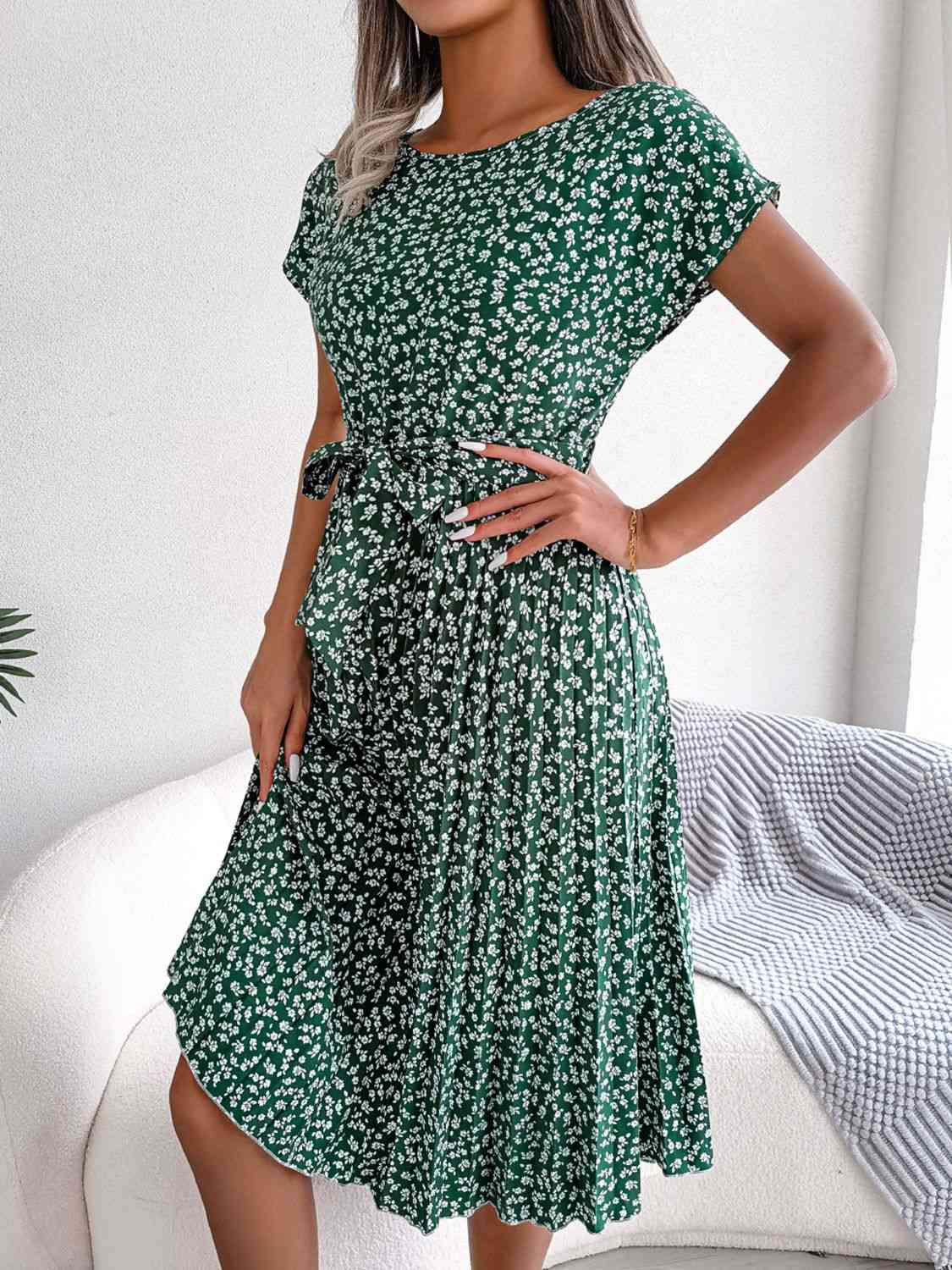  Floral Pleated Belted Dress -BazaarBey - www.shopbazaarbey.com
