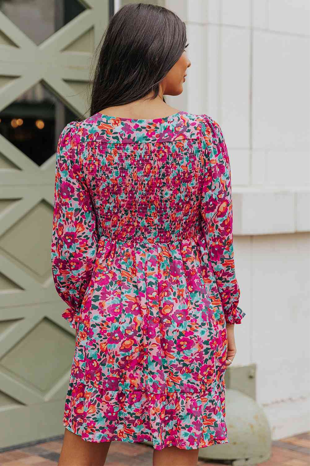 Floral Smocked V-Neck Flounce Sleeve Dress -BazaarBey - www.shopbazaarbey.com