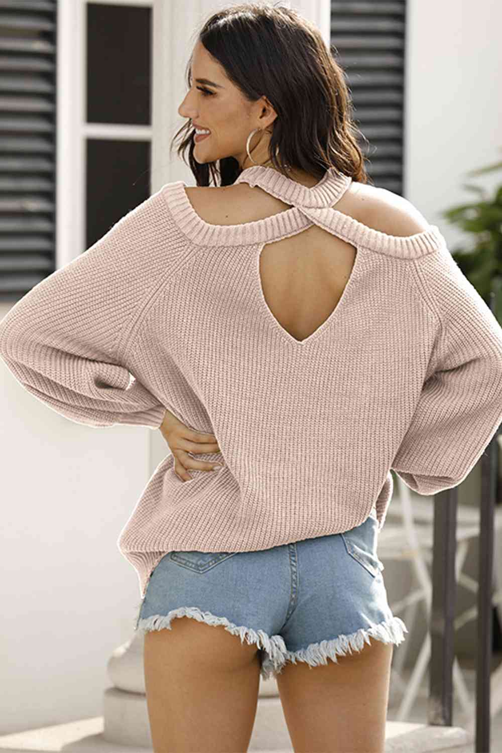 Ribbed Long Sleeve Cold Shoulder Knit Top Bazaarbey