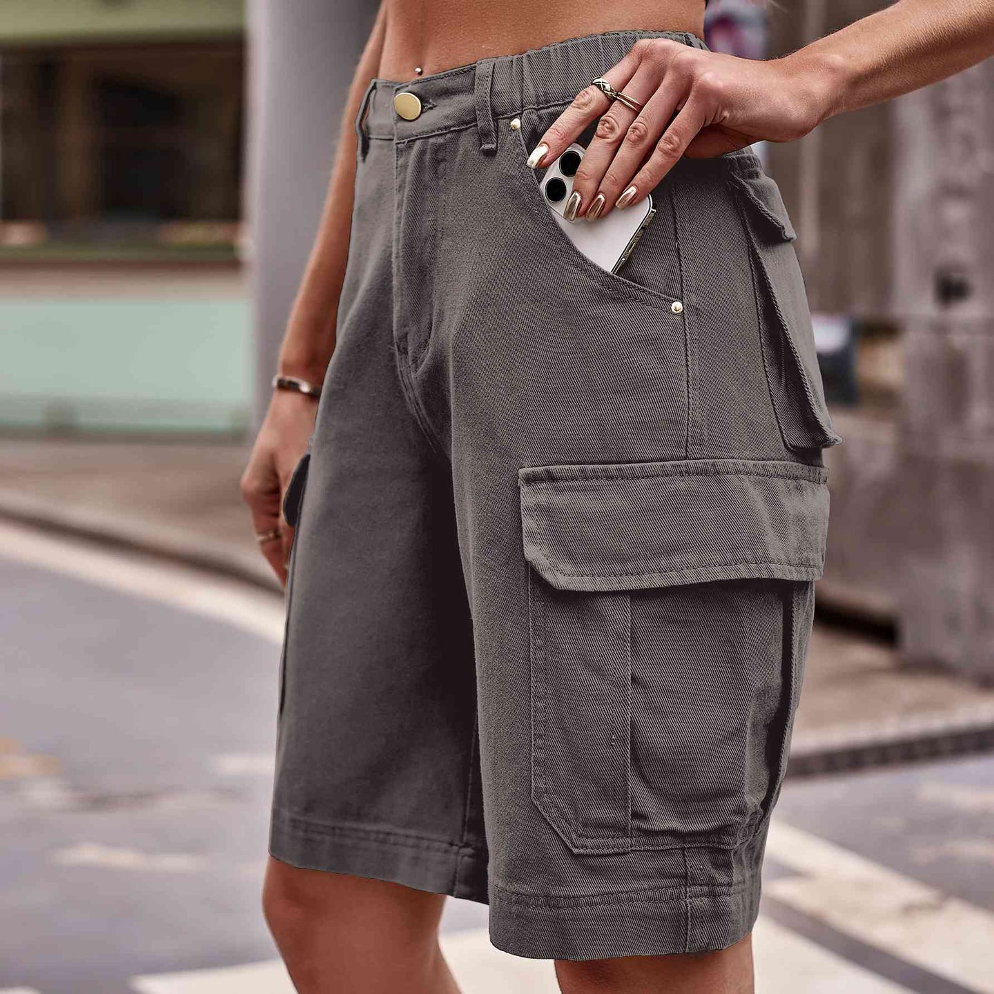 Denim Cargo Shorts with Pockets Bazaarbey