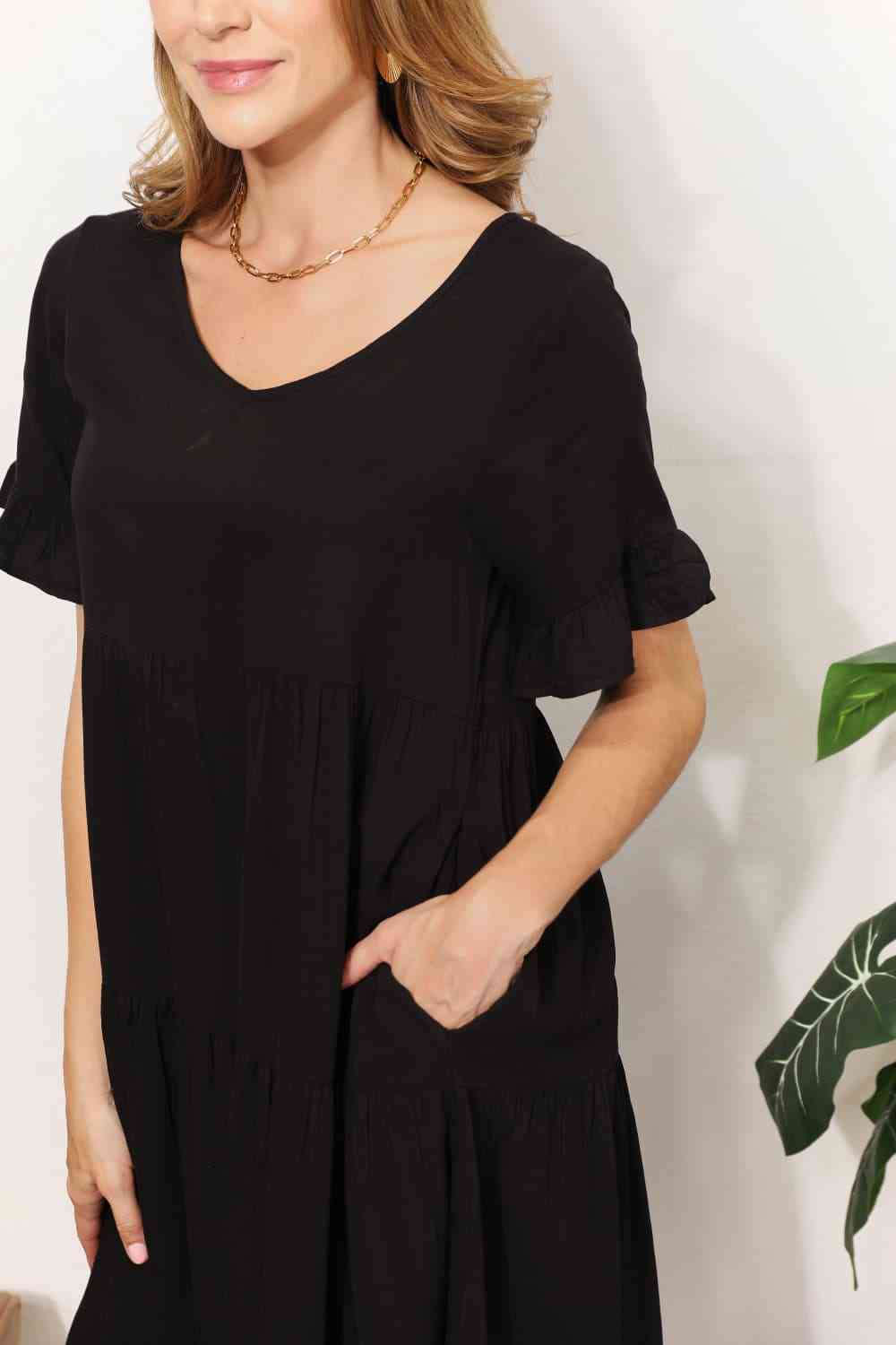  V-Neck Flounce Sleeve Tiered Dress -BazaarBey - www.shopbazaarbey.com