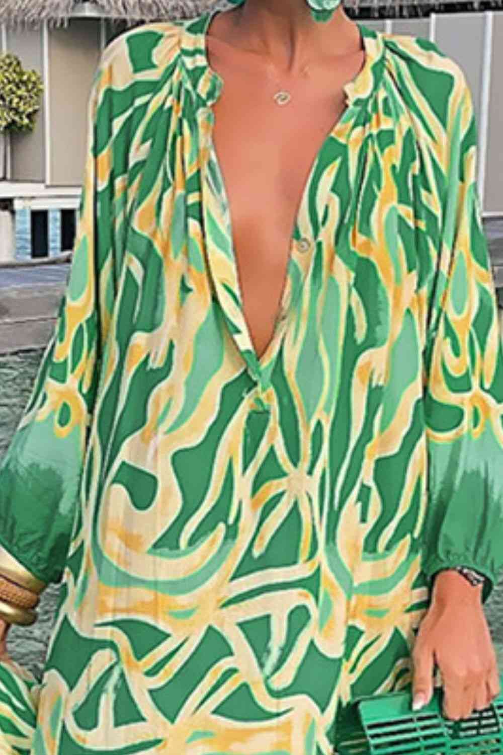 Abstract Print Buttoned Balloon Sleeve Dress Bazaarbey