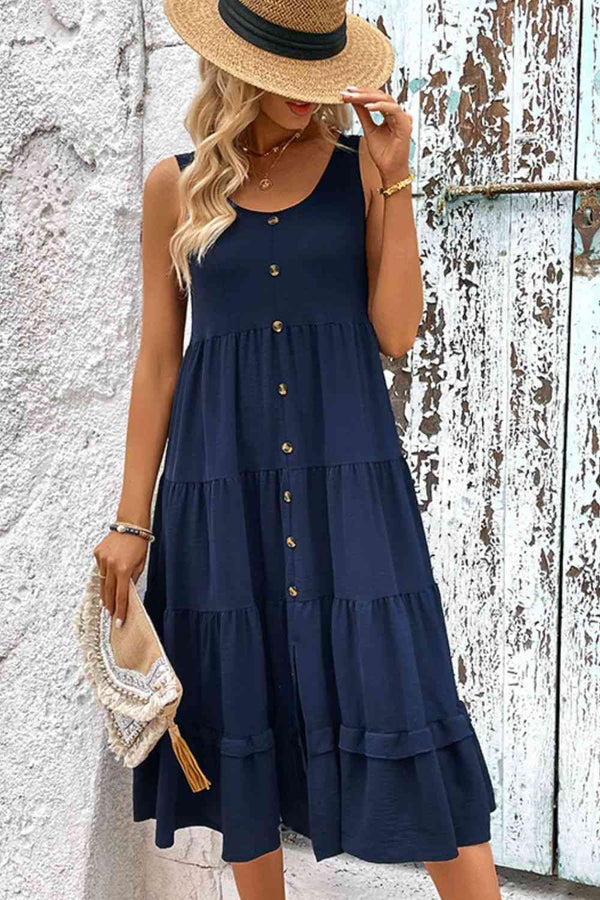 Decorative Button Scoop Neck Tiered Sleeveless Dress -BazaarBey - www.shopbazaarbey.com