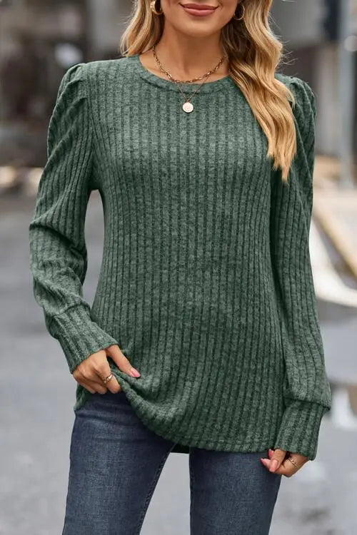Ribbed Round Neck Long Sleeve Knit Top Trendsi