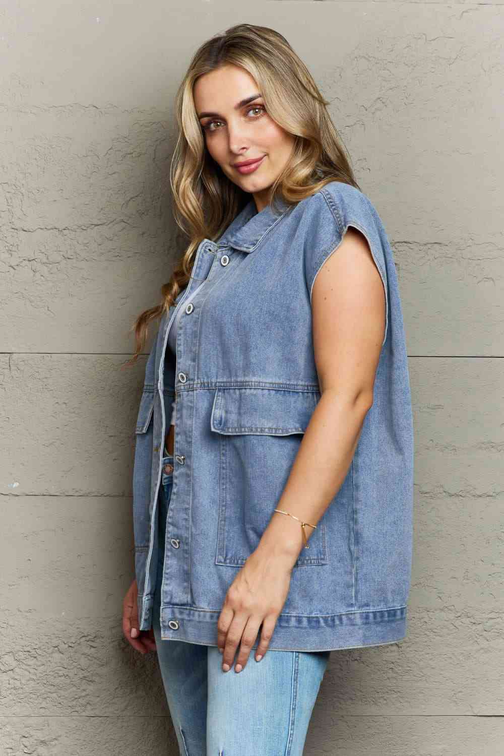 Collared Neck Sleeveless Denim Top with Pockets Bazaarbey