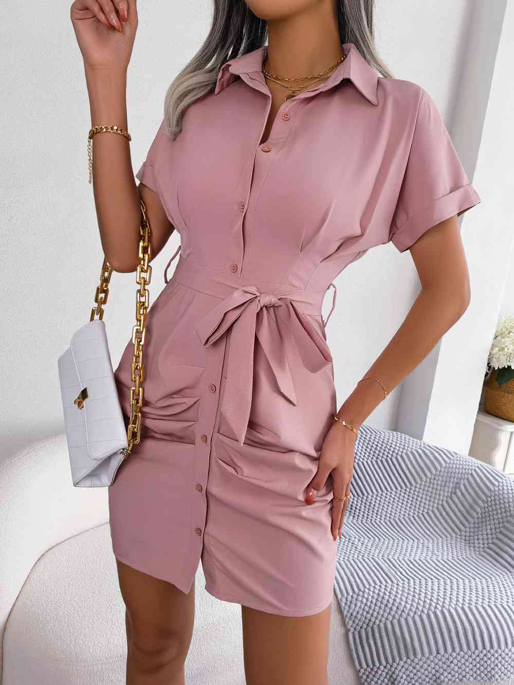 Button Down Ruched Tie Belt Dress -BazaarBey - www.shopbazaarbey.com