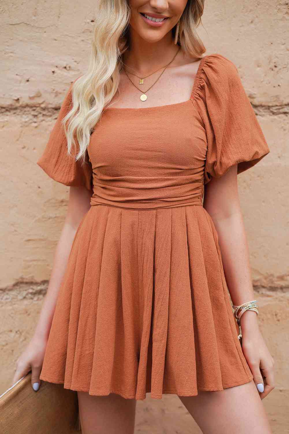 Square Neck Pleated Romper with Pockets -BazaarBey - www.shopbazaarbey.com