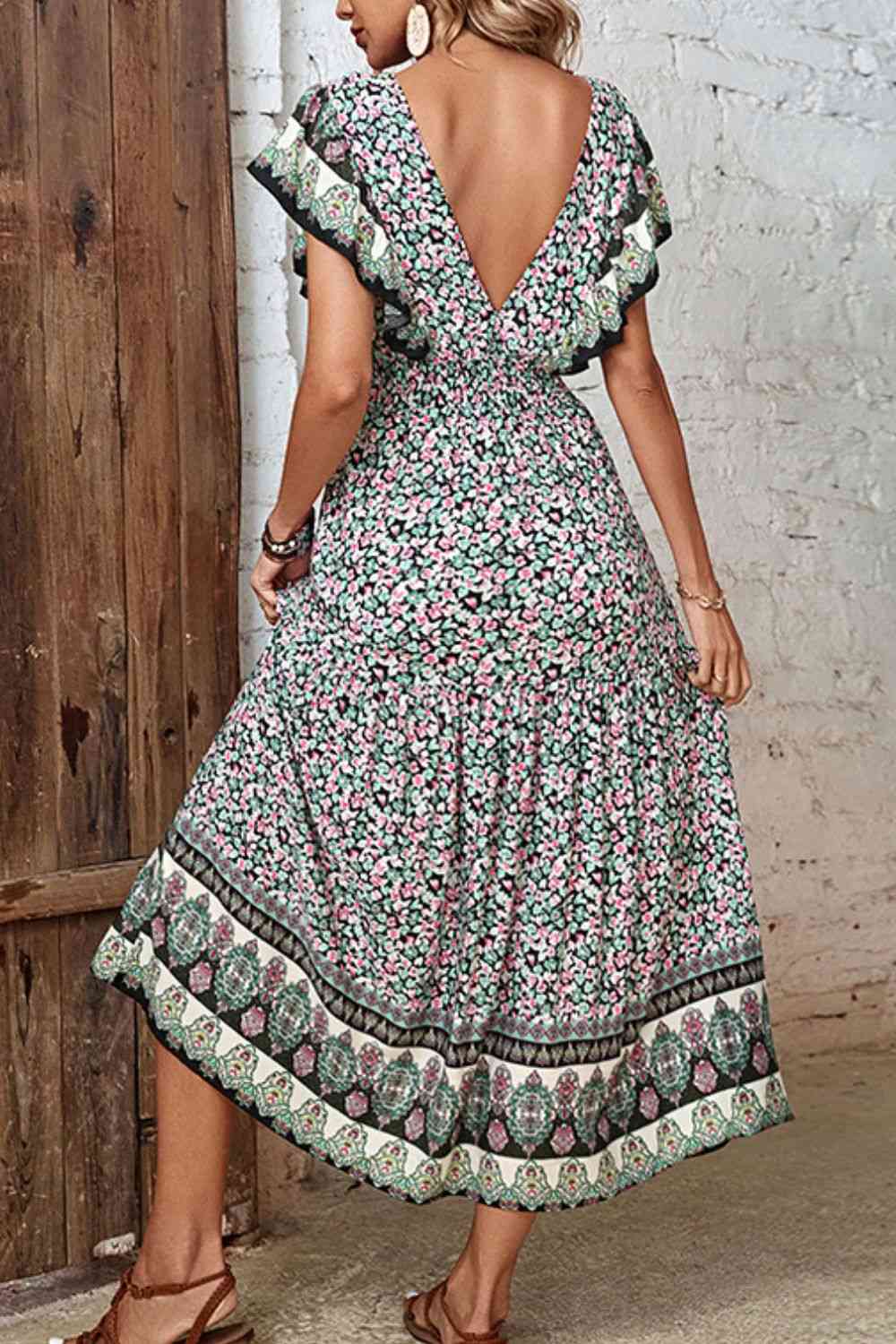  Floral Ruffled Plunge Dress -BazaarBey - www.shopbazaarbey.com