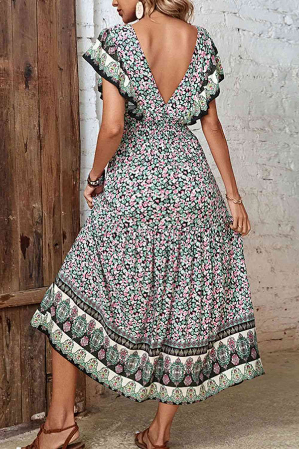  Floral Ruffled Plunge Dress -BazaarBey - www.shopbazaarbey.com