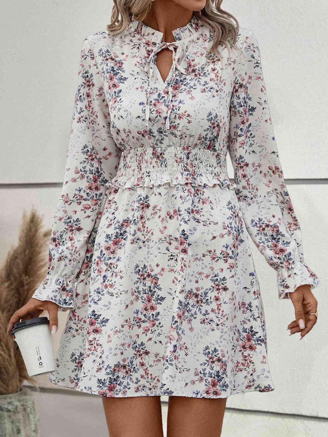 Floral Tie Neck Smocked Waist Dress -BazaarBey - www.shopbazaarbey.com