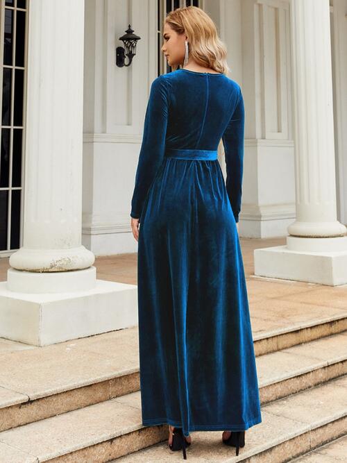 Tie Front Round Neck Long Sleeve Maxi Dress Bazaarbey