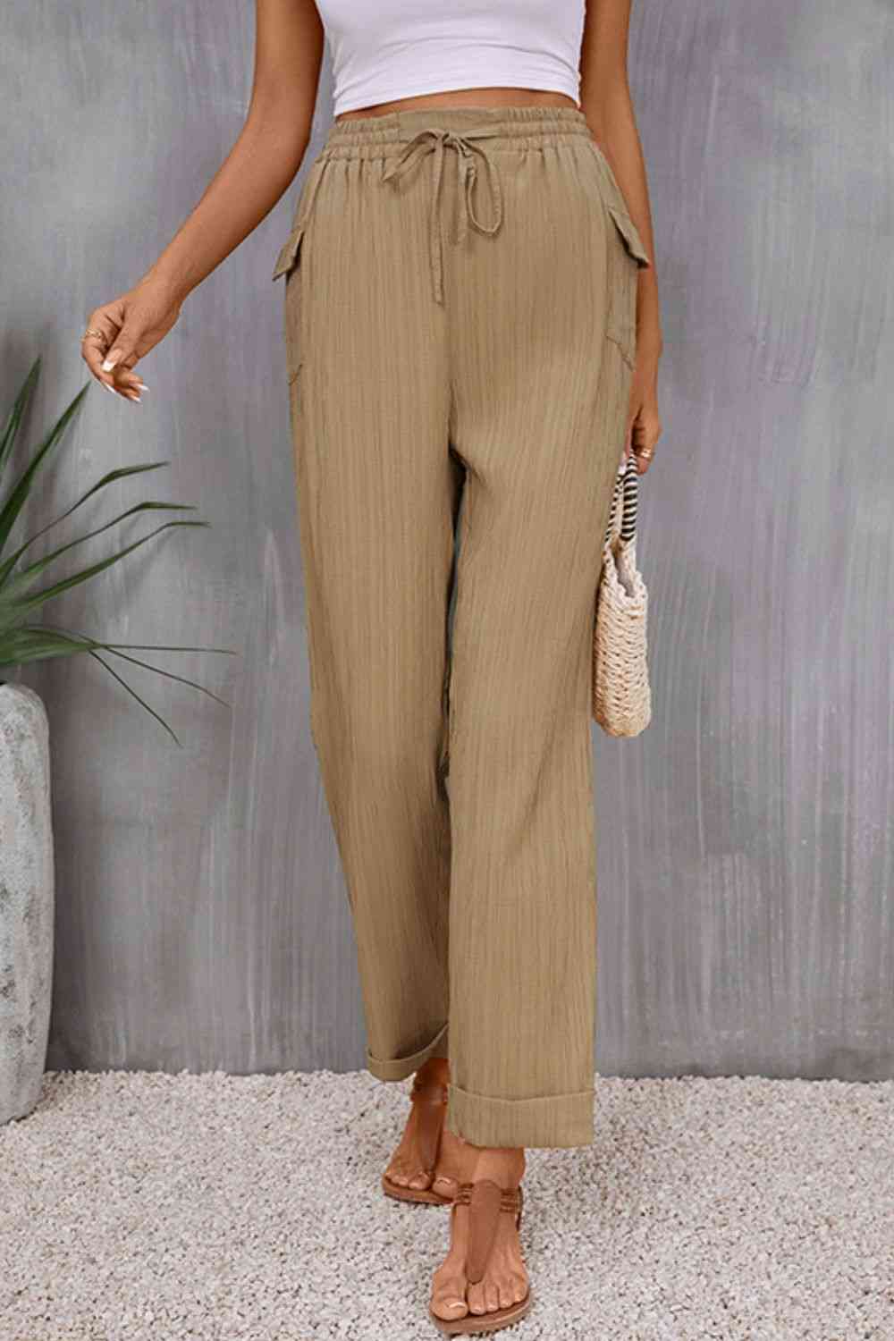 Tie Waist Pocketed Long Pants Bazaarbey
