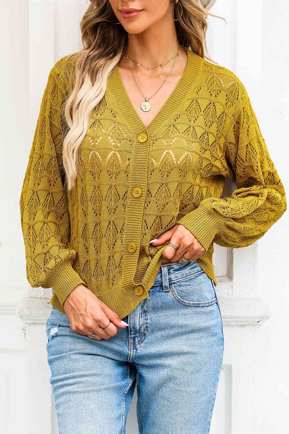 Openwork V-Neck Cardigan Bazaarbey