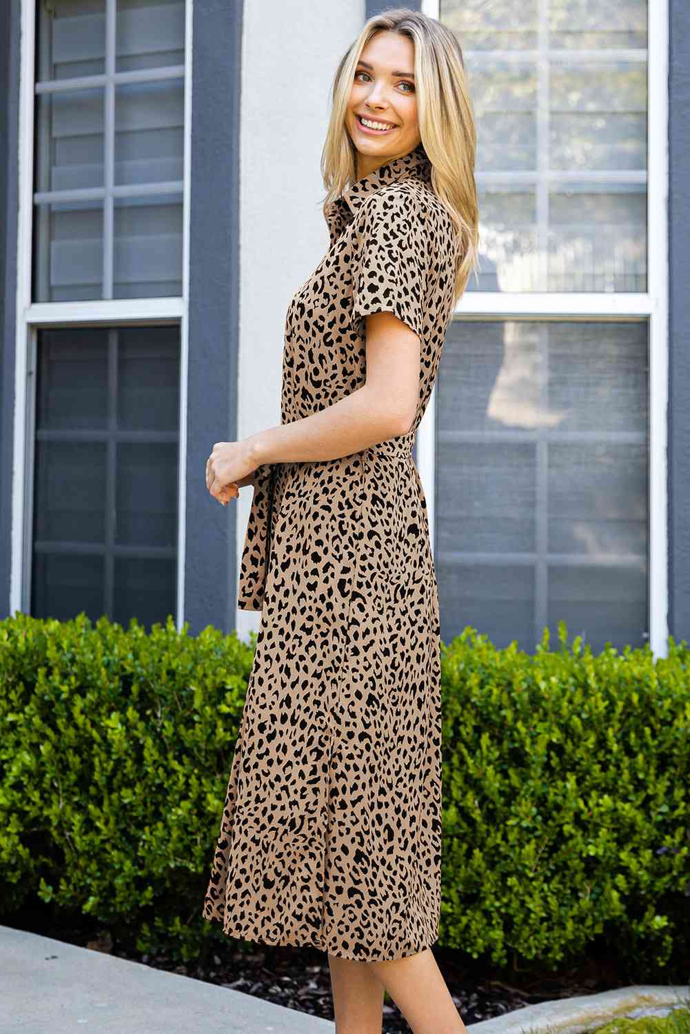 Animal Print Short Sleeve Belted Dress -BazaarBey - www.shopbazaarbey.com