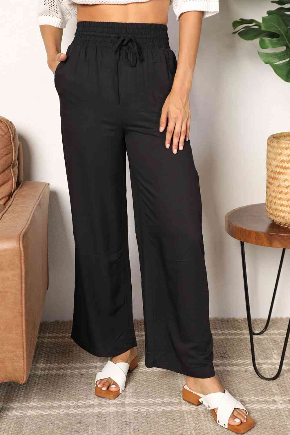  Drawstring Smocked Waist Wide Leg Pants Bazaarbey