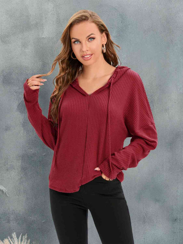 BazaarBey Waffle-Knit Drawstring Drop Shoulder Hoodie 