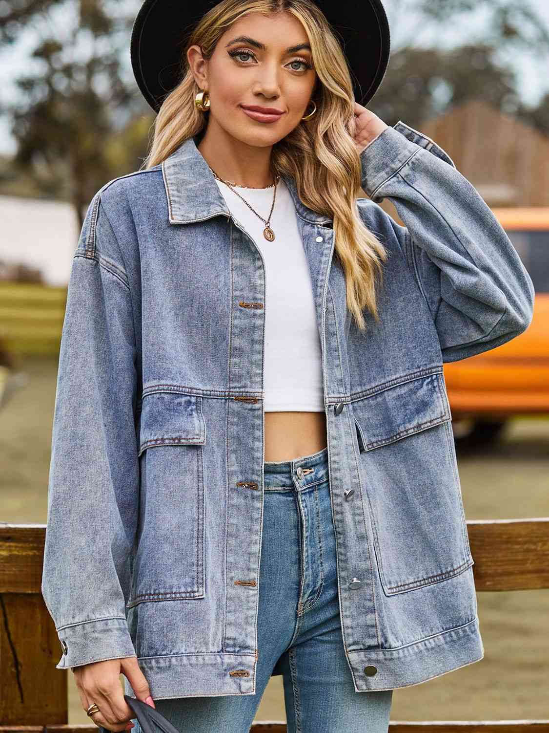 Dropped Shoulder Denim Jacket with Pockets Bazaarbey