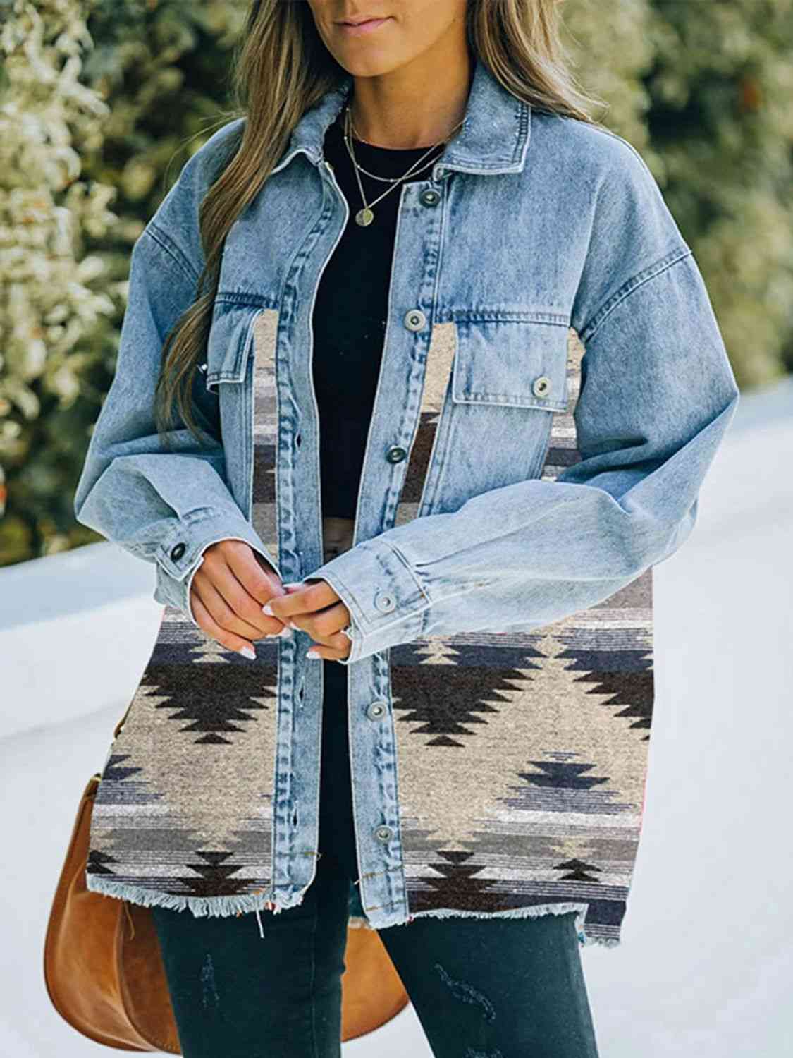 Collared Neck Dropped Shoulder Denim Jacket Bazaarbey