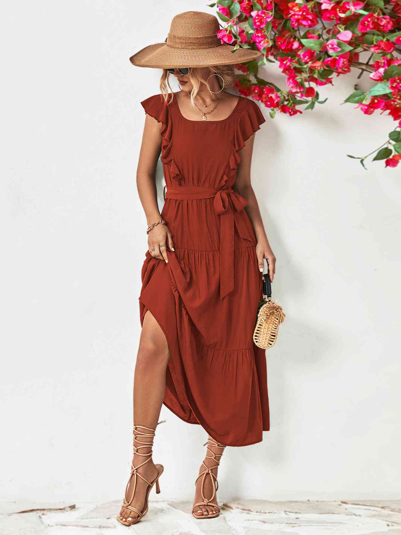Tie Belt Ruffled Tiered Dress -BazaarBey - www.shopbazaarbey.com