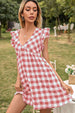 Plaid Butterfly Sleeve Deep V Dress -BazaarBey - www.shopbazaarbey.com