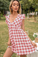 Plaid Butterfly Sleeve Deep V Dress -BazaarBey - www.shopbazaarbey.com