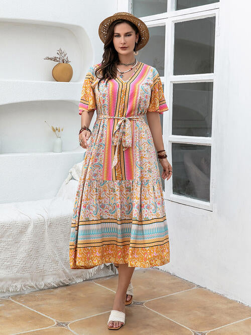 Plus Size Floral Tied Short Sleeve Midi Dress -BazaarBey - www.shopbazaarbey.com