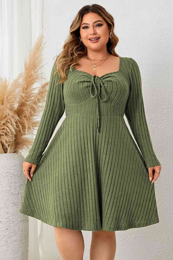 Plus Size Sweetheart Neck Long Sleeve Ribbed Dress -BazaarBey - www.shopbazaarbey.com
