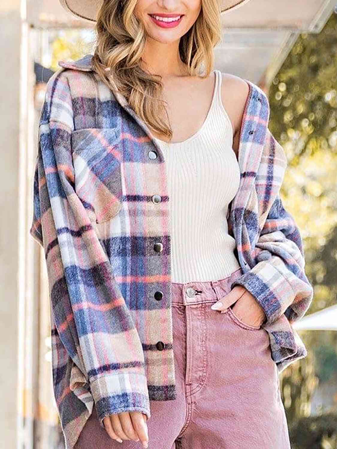 Snap Up Plaid Collared Neck Jacket with Pocket Trendsi