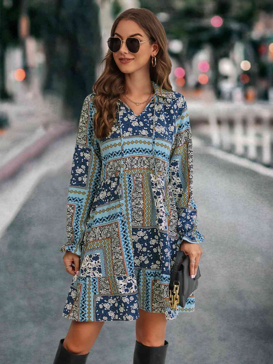 Printed Tie Front Flounce Sleeve Dress -BazaarBey - www.shopbazaarbey.com
