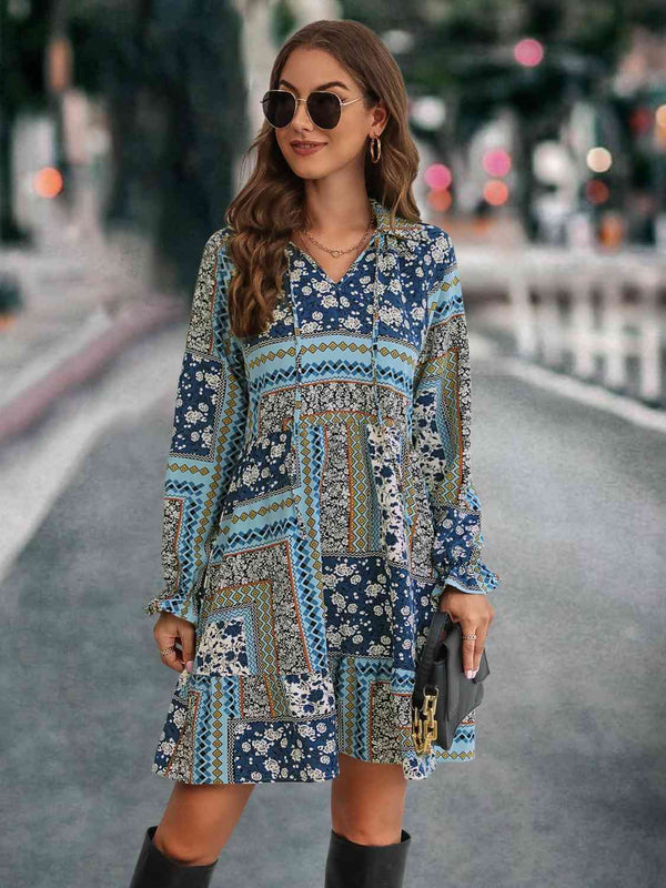 Printed Tie Front Flounce Sleeve Dress -BazaarBey - www.shopbazaarbey.com