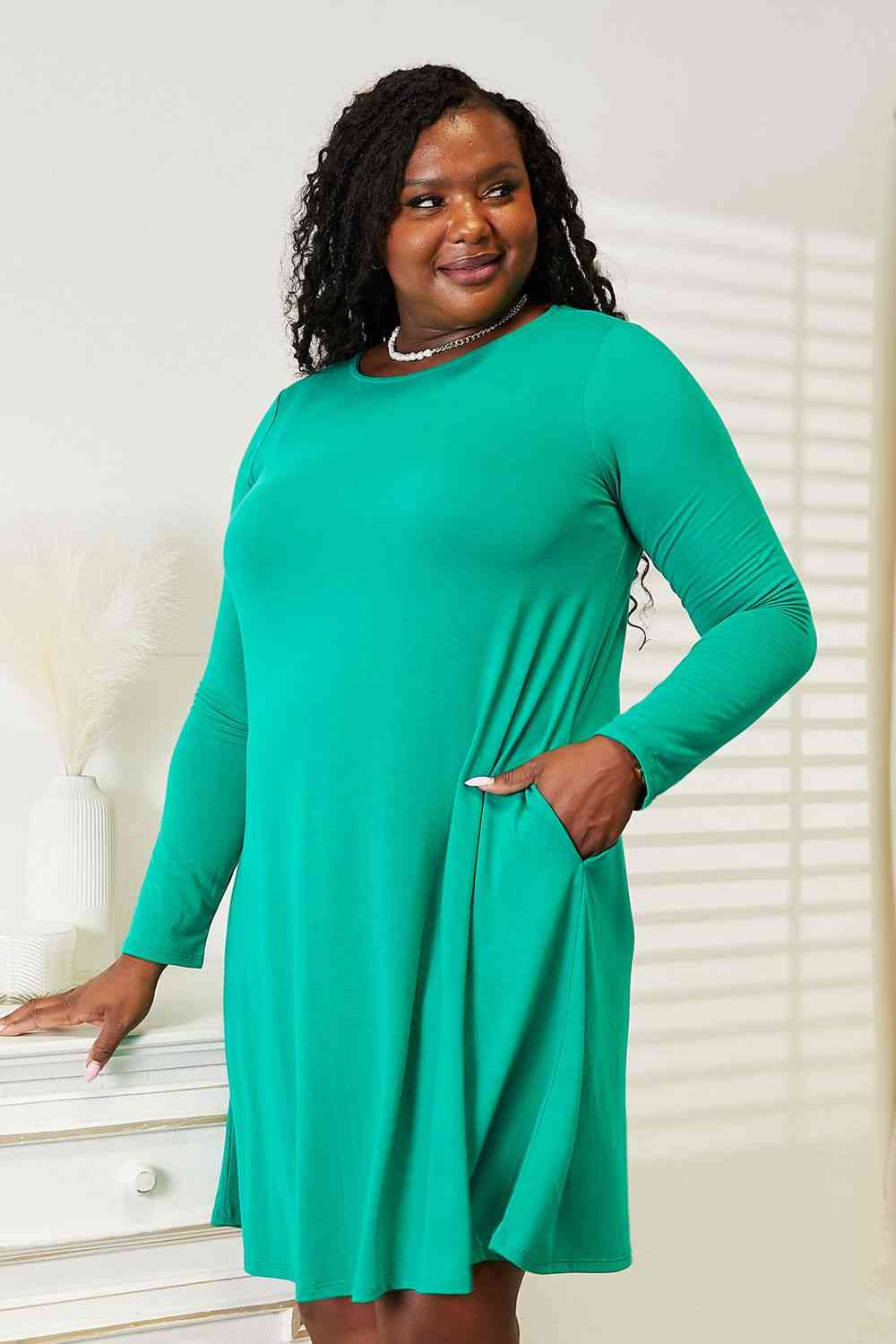  Full Size Long Sleeve Flare Dress with Pockets -BazaarBey - www.shopbazaarbey.com