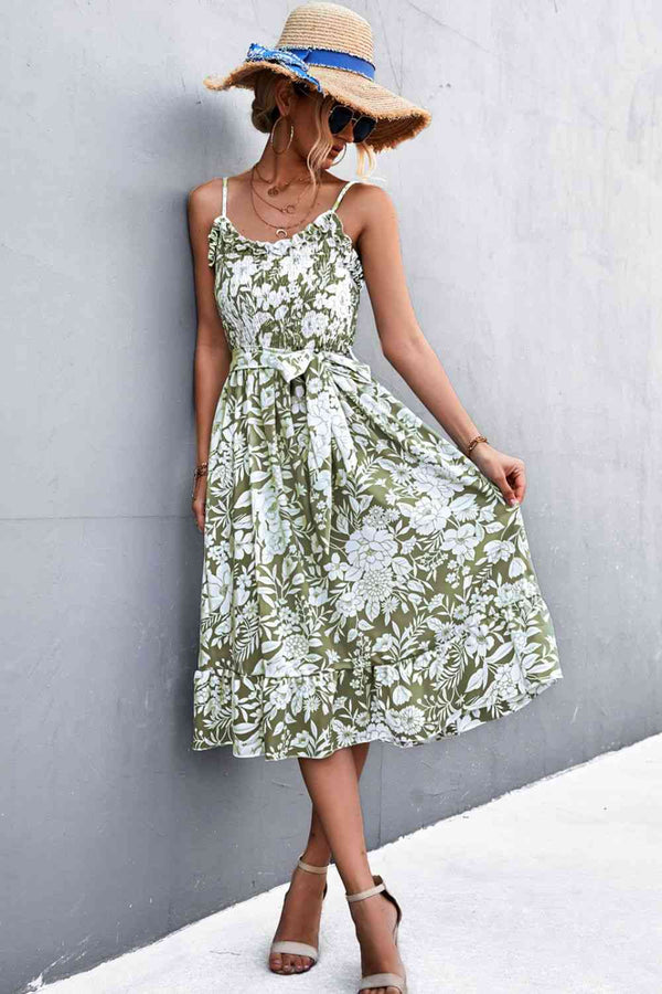 Floral Frill Trim Scoop Neck Spaghetti Strap Dress -BazaarBey - www.shopbazaarbey.com