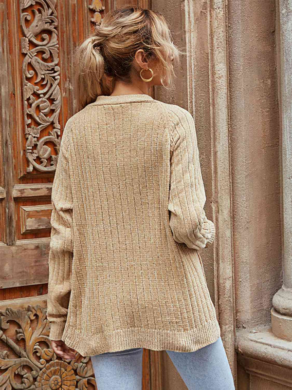 Ribbed Open Front Long Sleeve Cardigan with Pockets Bazaarbey