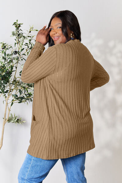 Ribbed Open Front Cardigan with Pockets Bazaarbey