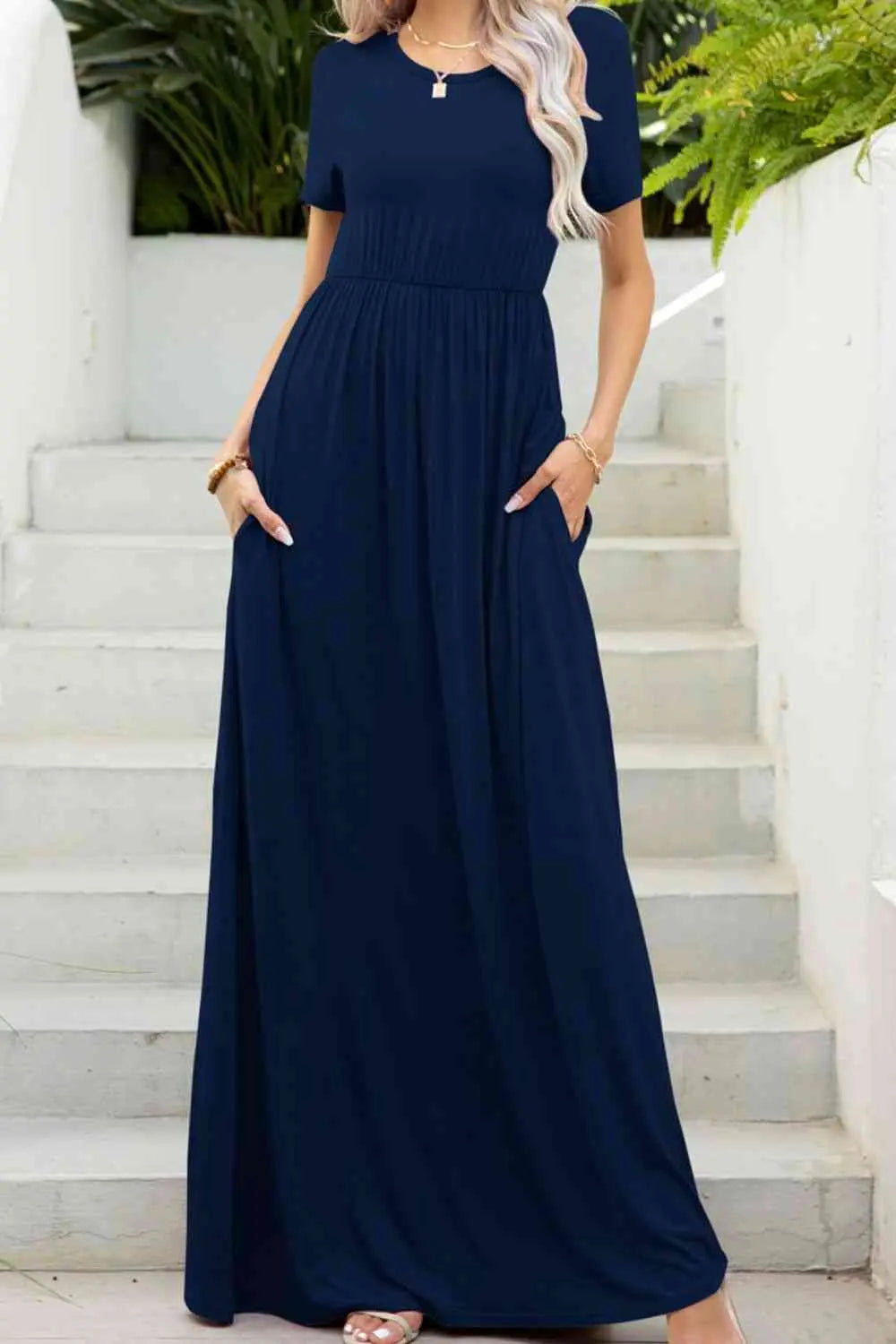 Round Neck Maxi Tee Dress with Pockets -BazaarBey - www.shopbazaarbey.com