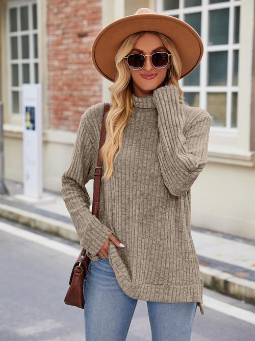 Ribbed Turtleneck Long Sleeve Slit Knit Top Bazaarbey