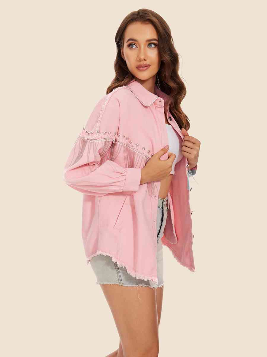 Raw Hem Fringe Detail Denim Jacket Bazaarbey