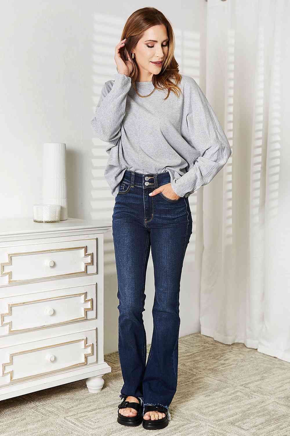  Seam Detail Round Neck Long Sleeve Top Trendsi