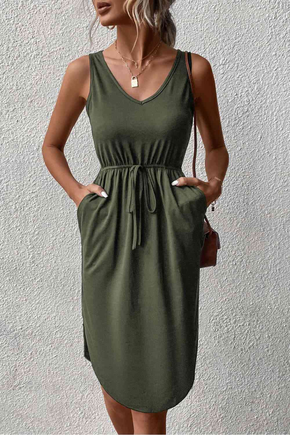 V-Neck Curved Hem Sleeveless Dress -BazaarBey - www.shopbazaarbey.com