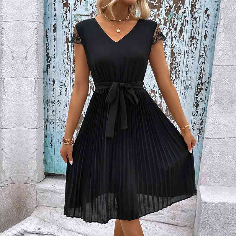 V-Neck Tie Belt Pleated Dress -BazaarBey - www.shopbazaarbey.com