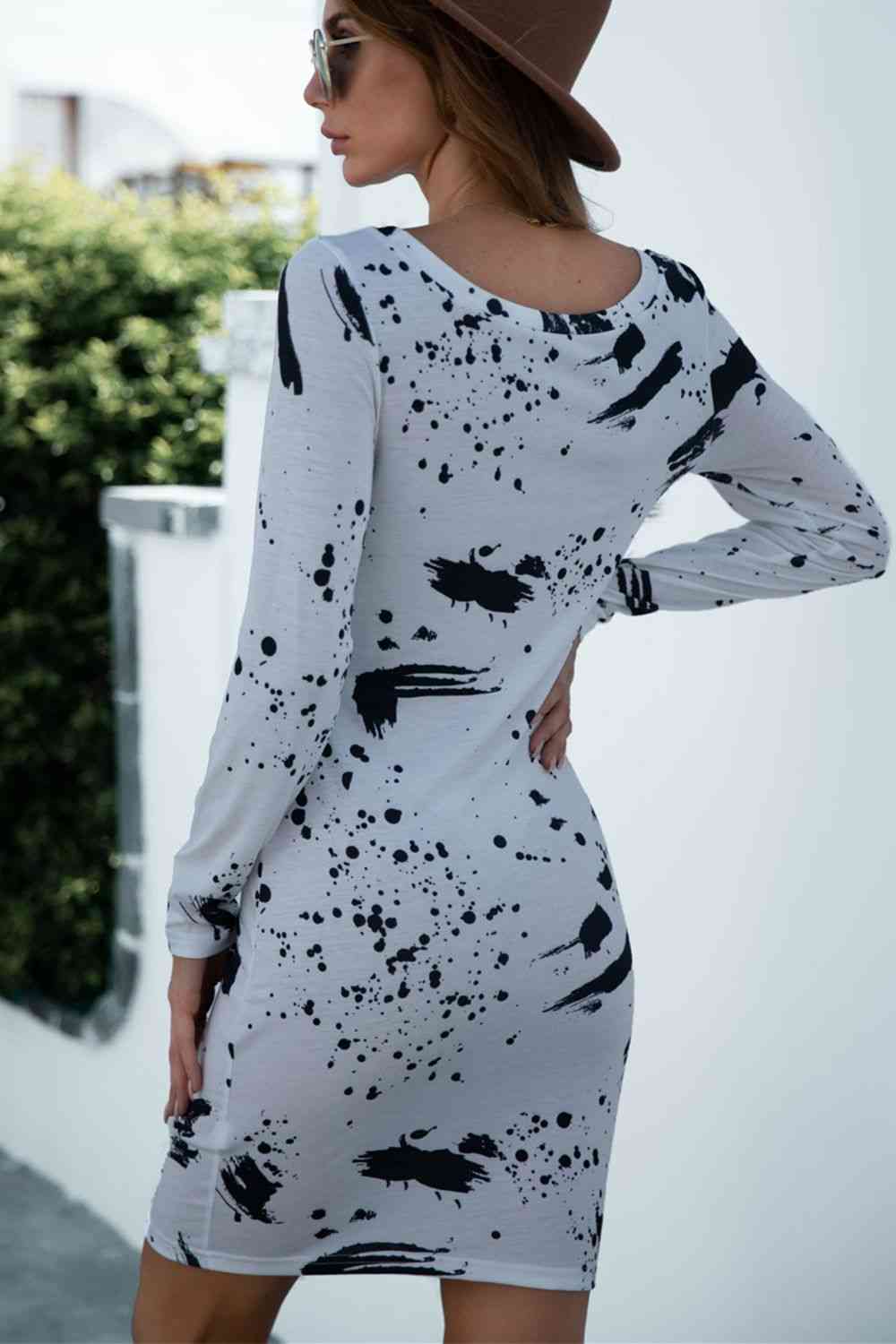 Printed Boat Neck Long Sleeve Dress -BazaarBey - www.shopbazaarbey.com