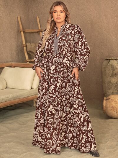 Plus Size Notched Balloon Sleeve Printed Maxi Dress -BazaarBey - www.shopbazaarbey.com