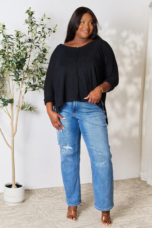   Round Neck High-Low Slit Knit Top Bazaarbey