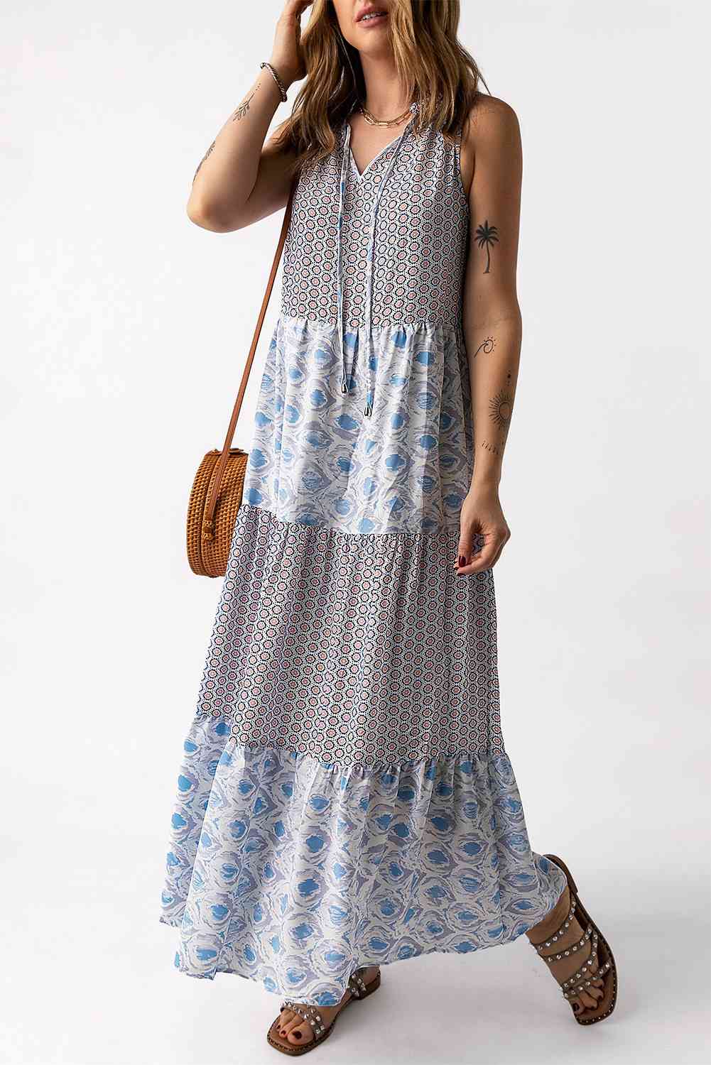 Mixed Print Tie-Neck Sleeveless Maxi Dress Bazaarbey