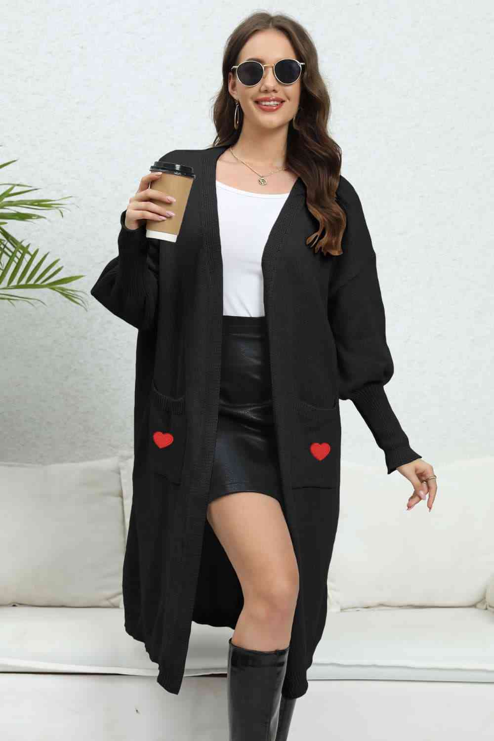 Lantern Sleeve Open Front Pocketed Cardigan Trendsi